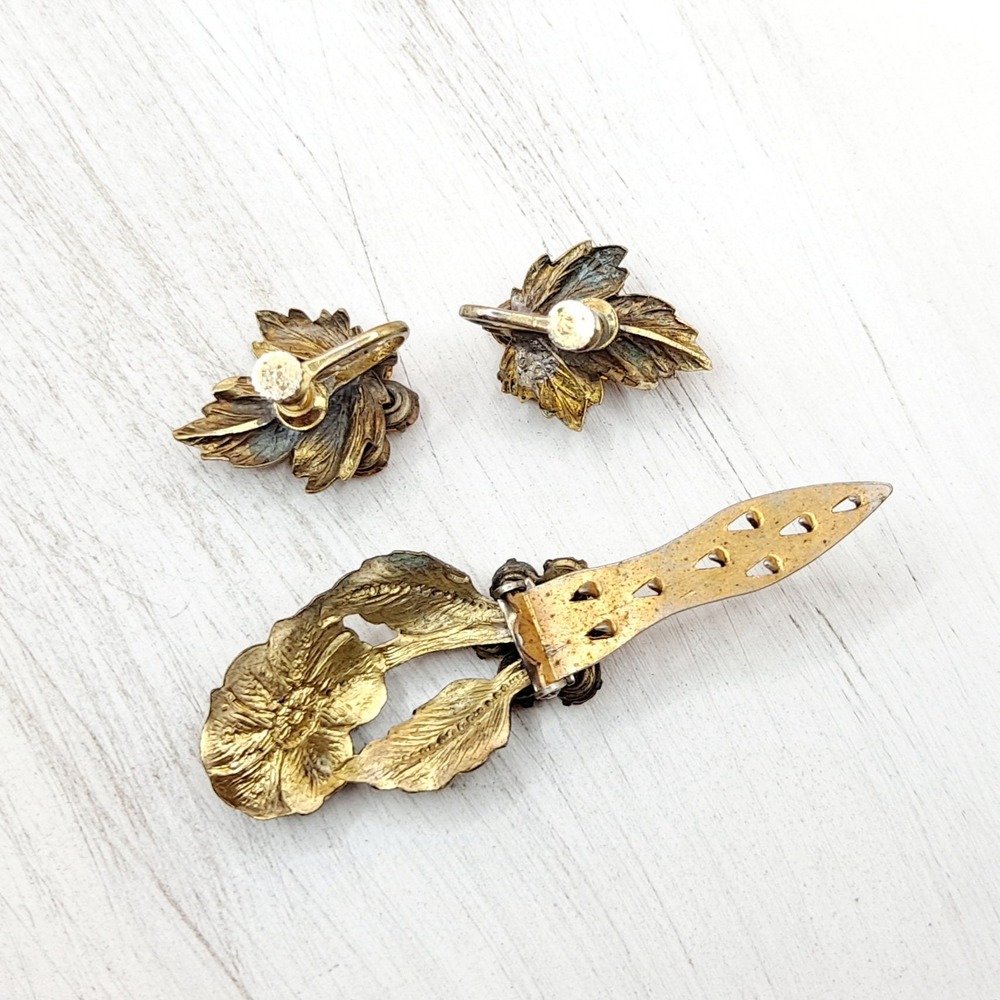 Vintage Art Deco Floral Dress Clip and Screwback Earrings Set Orange Rhinestones - Picture 7 of 8